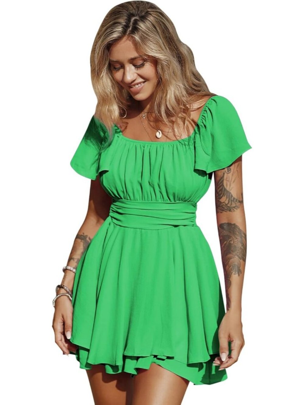 Women's Green Ruffle Short Sleeve Tie Back Square Neck Polyester Romper